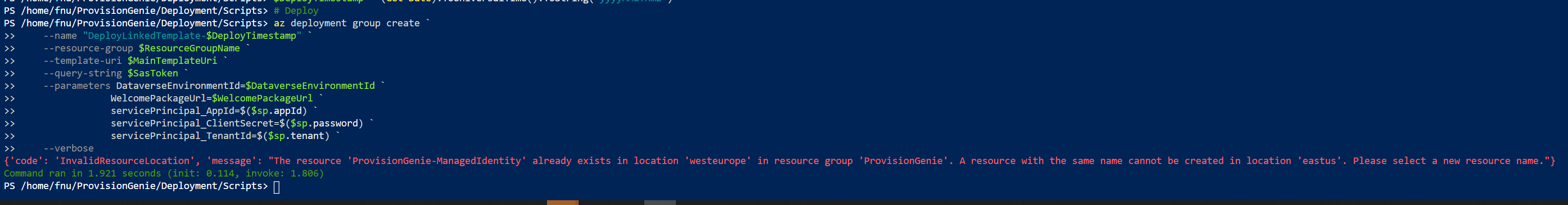 Script throwing error when changing Azure regions